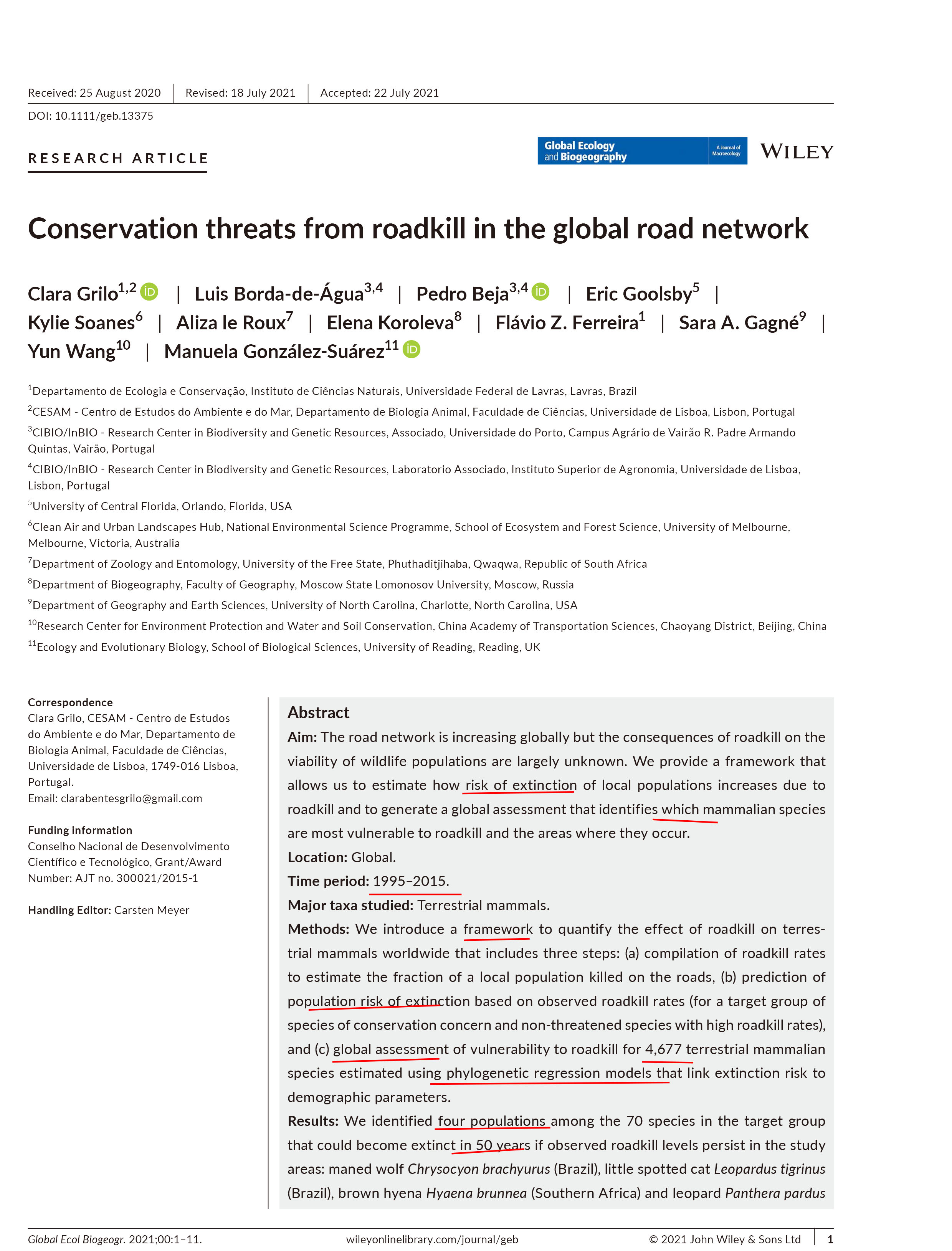 Conservation threats from roadkill in the global road network